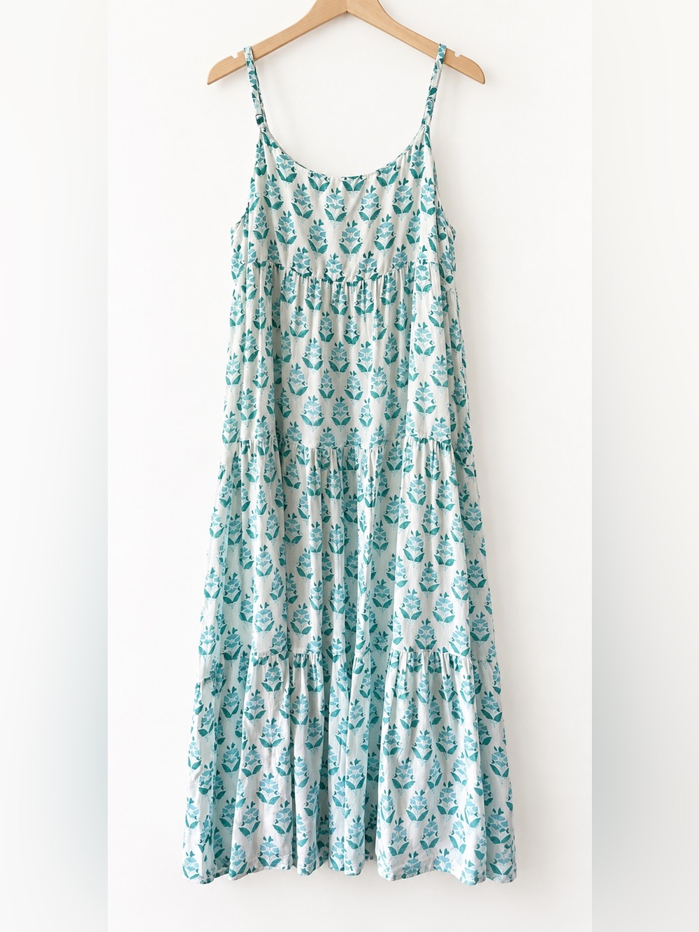 J. Marie Teal Block Print Tiered Midi Dress XS